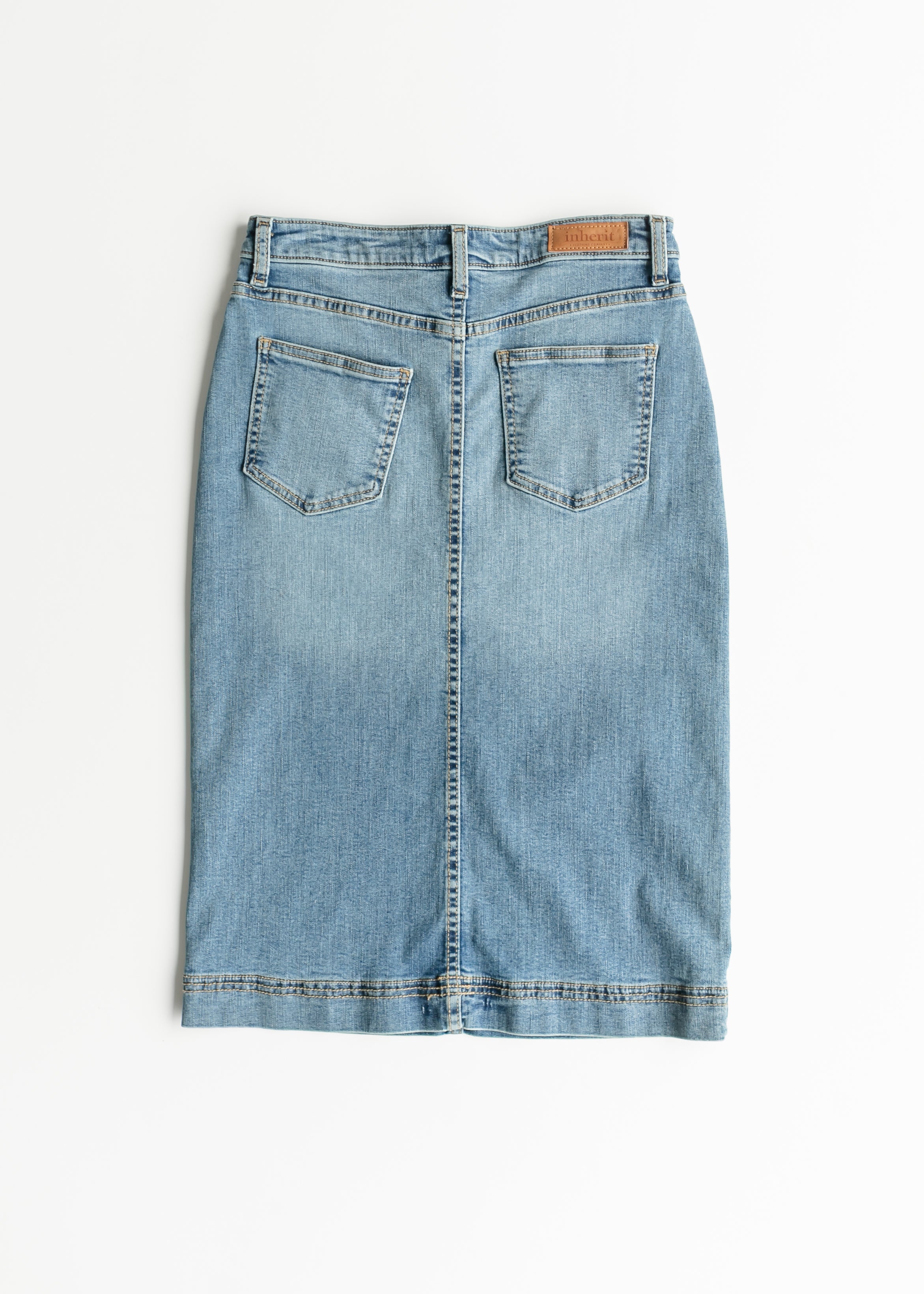 Inherit Co. Bryn Light Wash Denim Midi Skirt — feature highlight