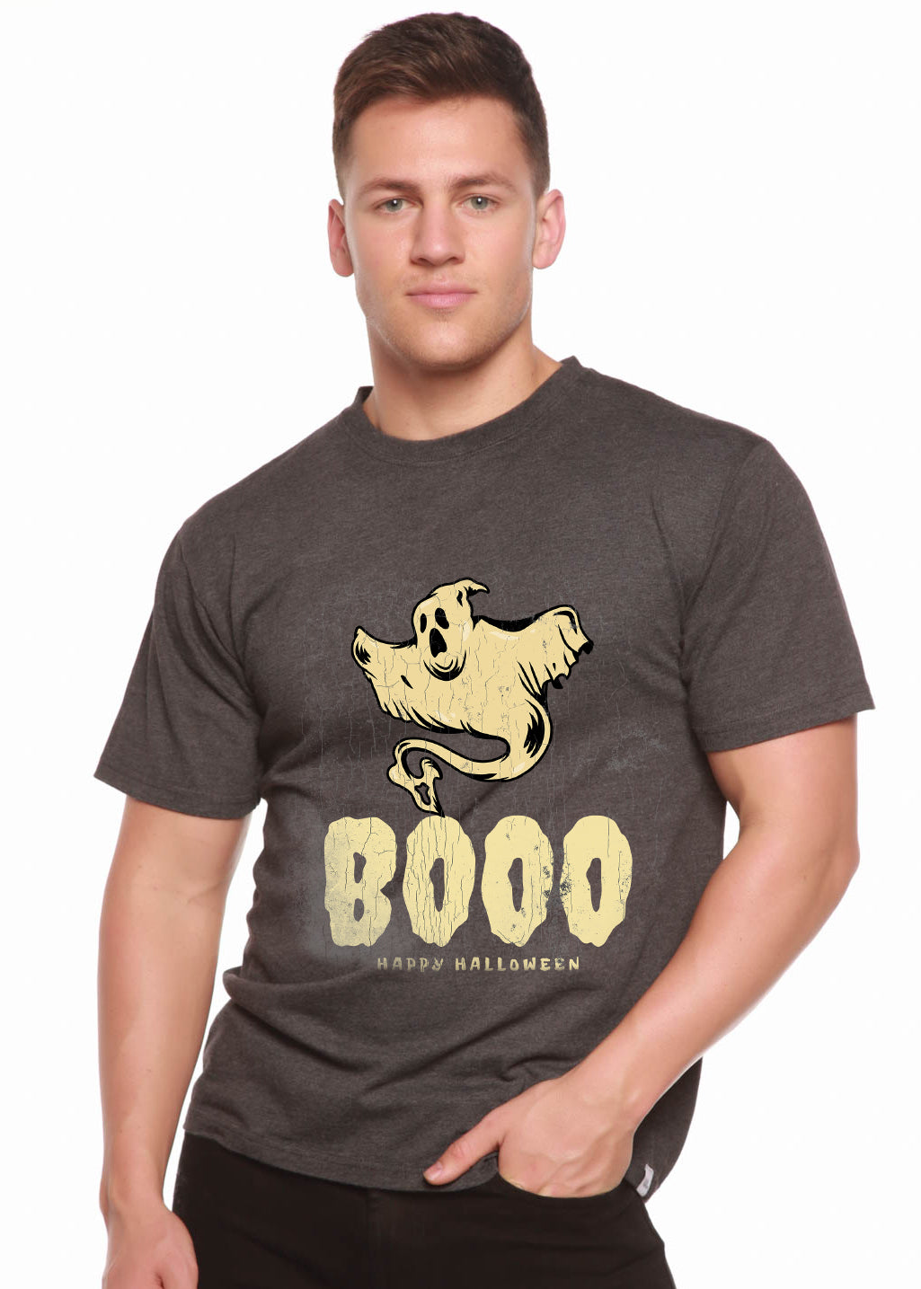 Spun Bamboo Happy Halloween Graphic Men's Bamboo Viscose/Organic Cotton Short Sleeve T-Shirt — lifestyle context