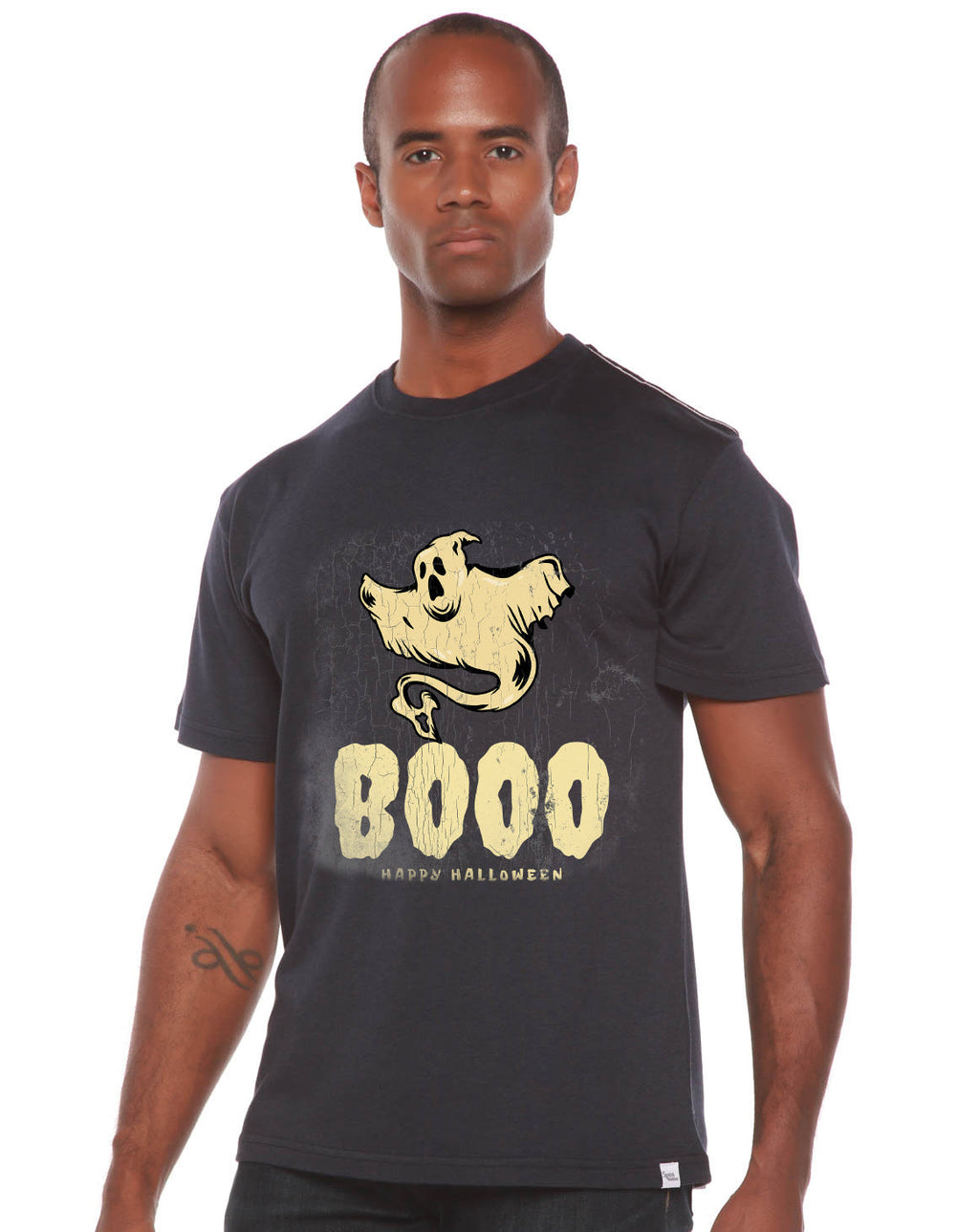 Spun Bamboo Happy Halloween Graphic Men's Bamboo Viscose/Organic Cotton Short Sleeve T-Shirt — detail close-up