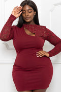 Burgundy Lace Panel Plus Size Mini Dress – Long Sleeve, Keyhole Front & Ruched Fit