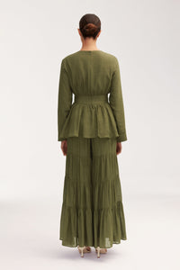 Bushra Palazzo Wide Leg Pants - Olive Clothing Veiled 