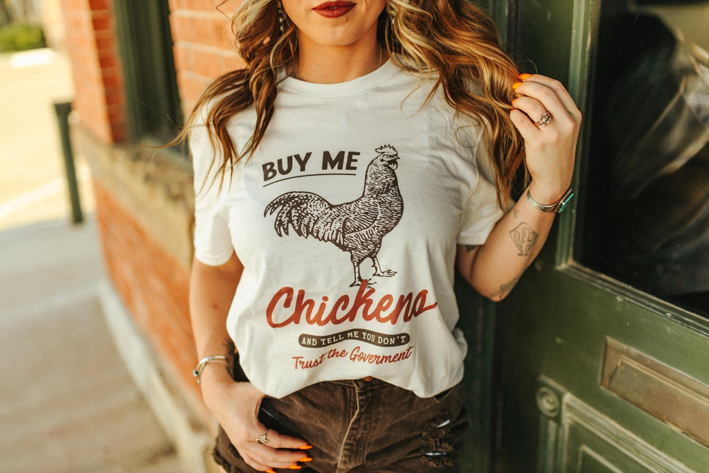 Wild Junkie Buy Me Chickens Graphic Tee — lifestyle context