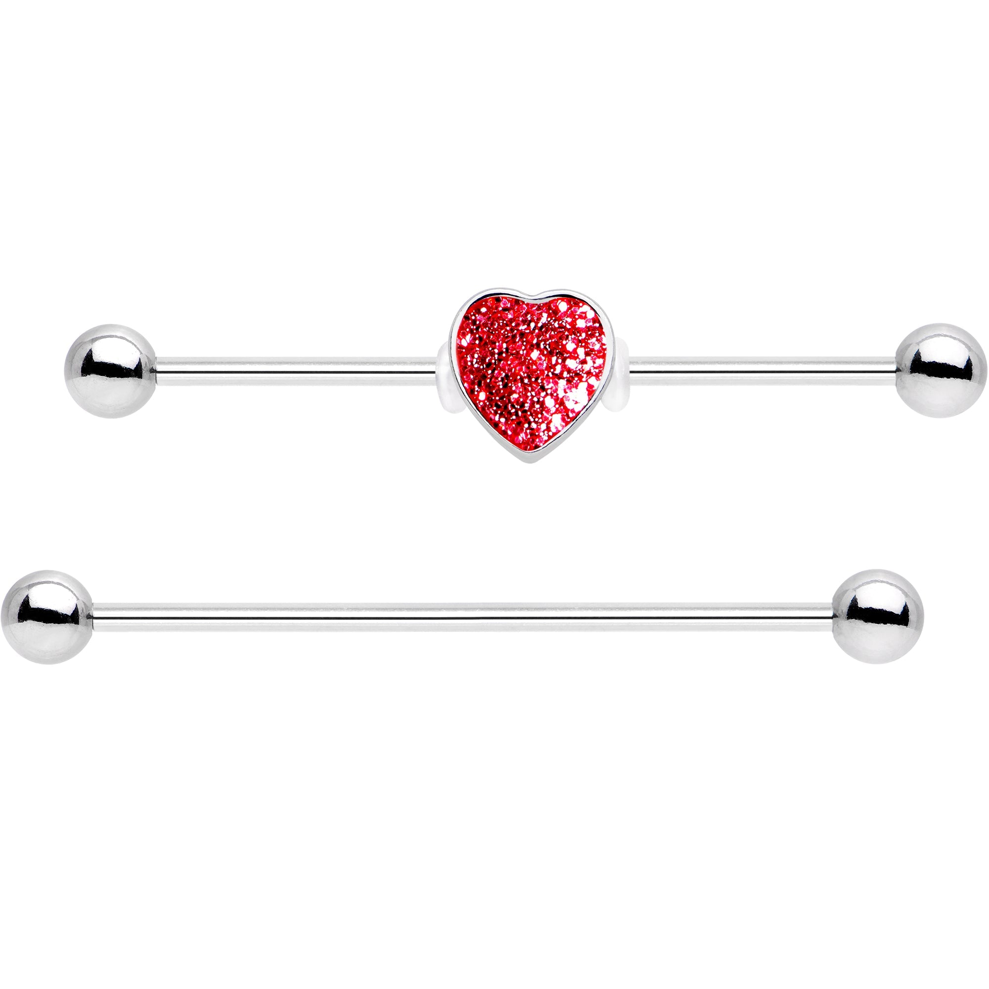 BodyCandy 14G Red Glitter Heart Industrial Barbell 38mm Set of 2 — detail close-up