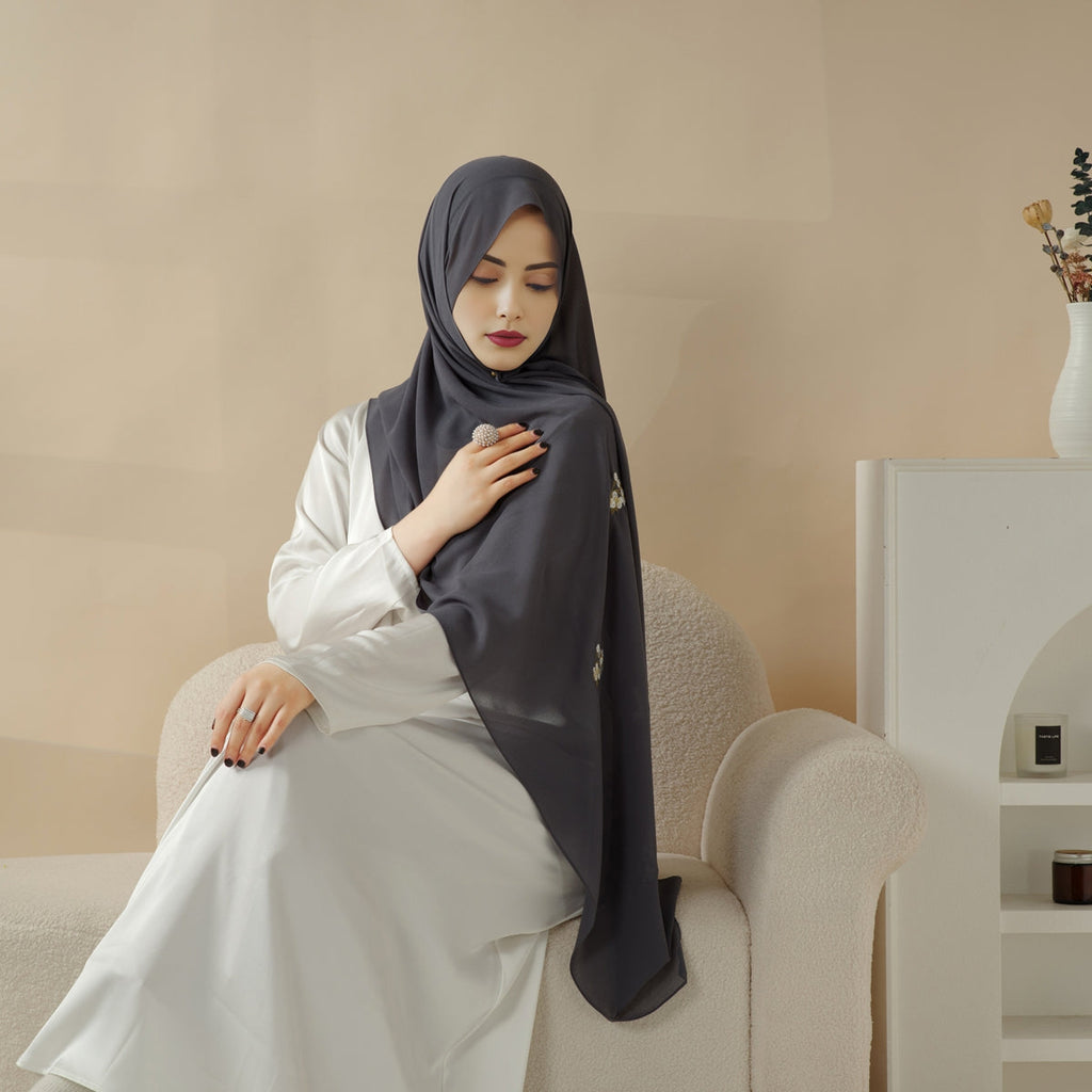 Mariam's Collection Plain Chiffon Shawl Hijab With Embroidery, Extra-Fine Embroidered Hijab (MH077) — detail shot 9