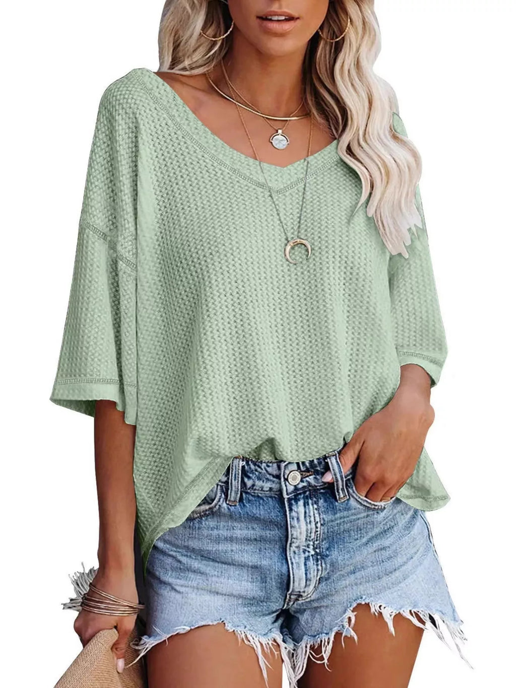 Waffle Knit V-Neck Short Sleeve T-Shirt