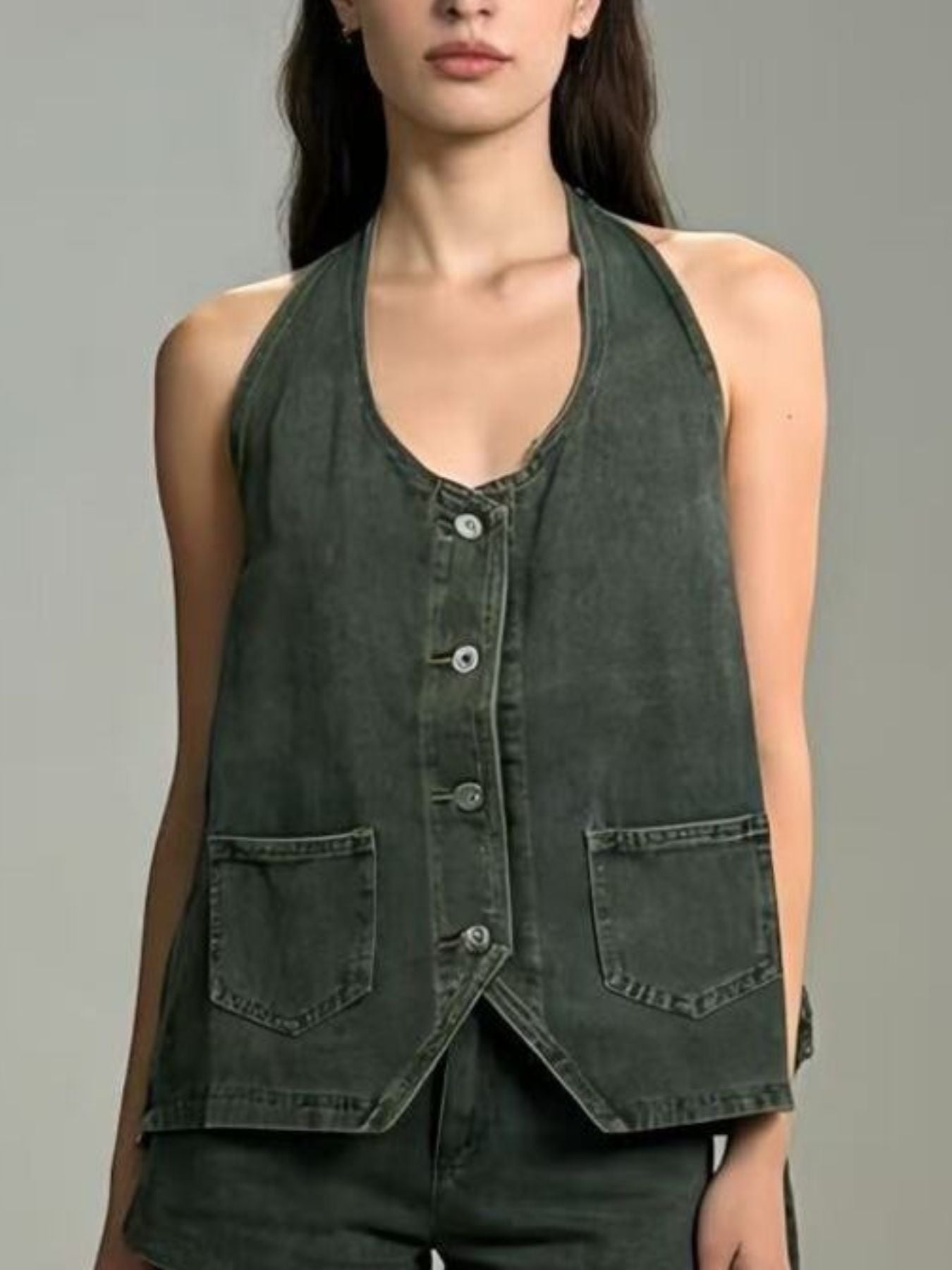 Halter Neck Button-Down Denim Vest