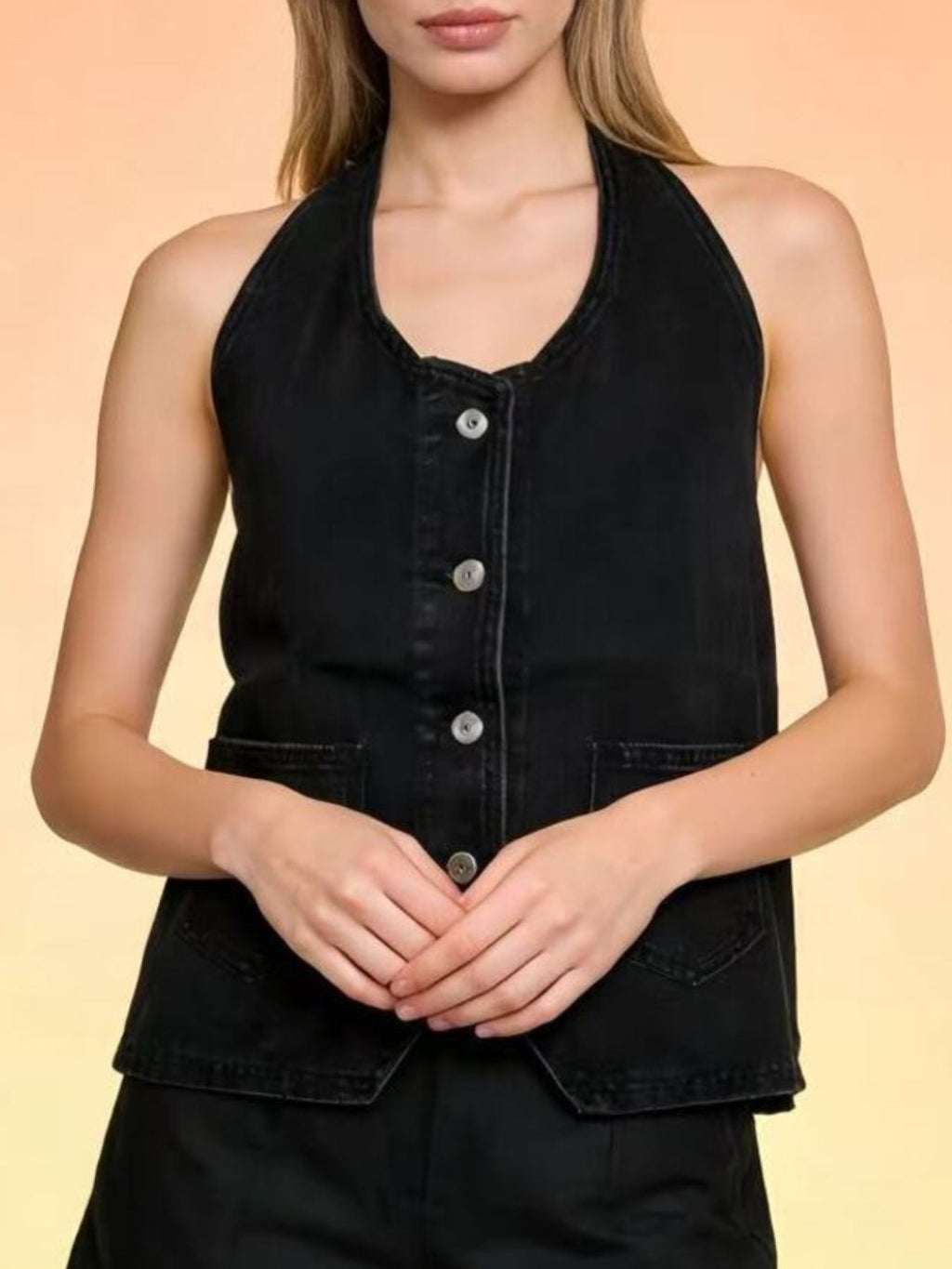 Halter Neck Button-Down Denim Vest