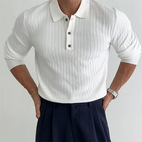Men's Polo Shirt - Lapel Button Long Sleeve Slim Fit