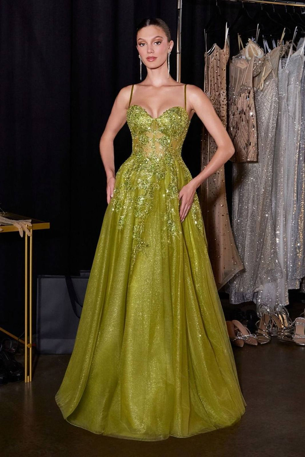 Ladivine C177 Floral Lace Applique A-Line Glitter Tulle Gown