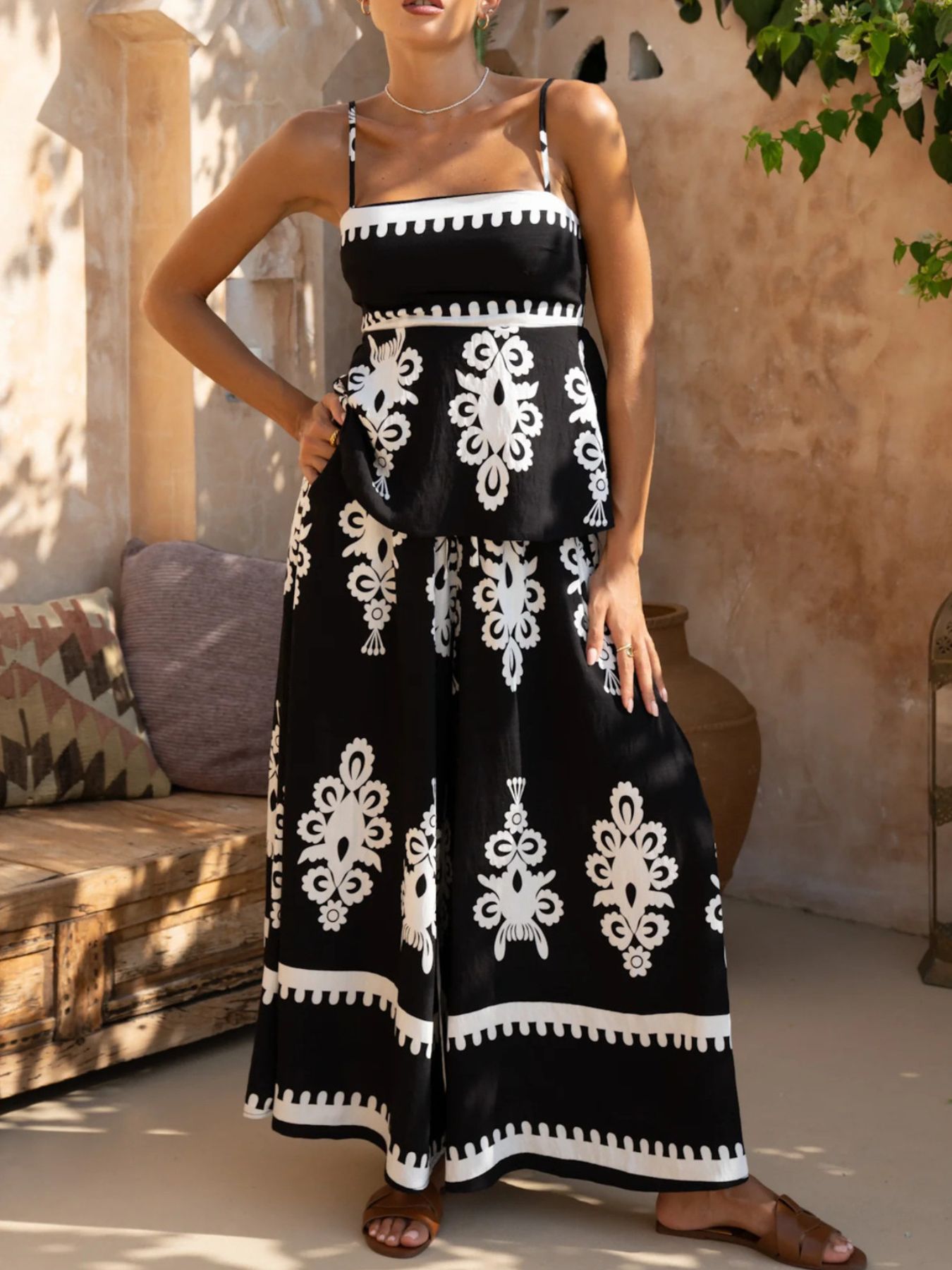 Printed Cami and Wide Leg Pants Set