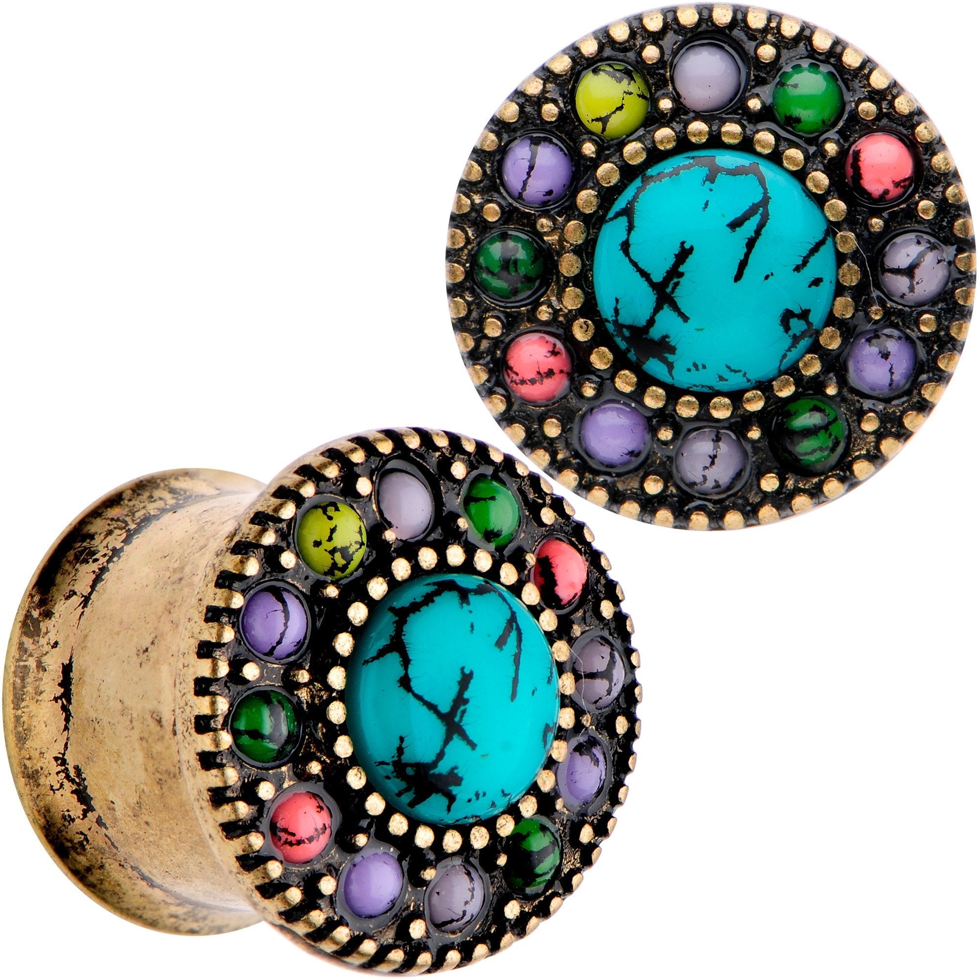 BodyCandy Gold Plated Southwestern Stone Age Double Flare Plug Set 2G to 22mm — back view