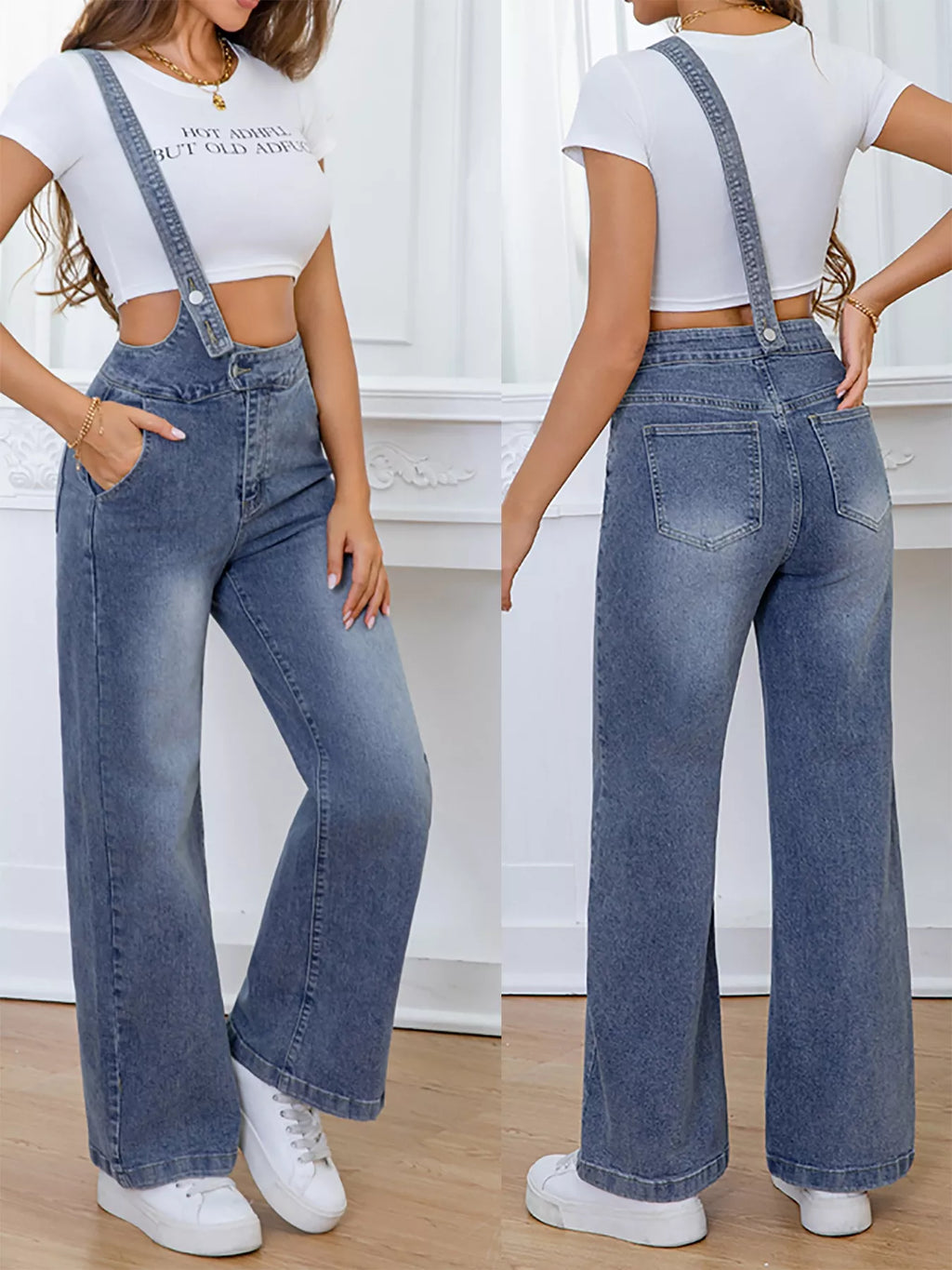Adjustable Strap Washed Wide-Leg Denim Overalls