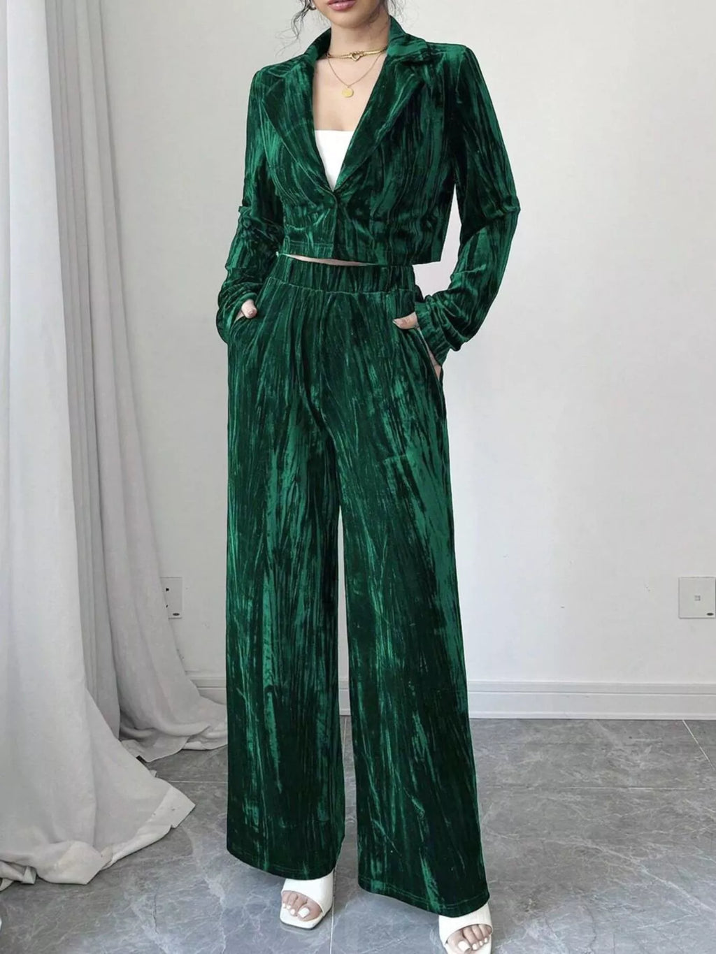 Pleated Velvet Blazer & Wide Leg Pants Set