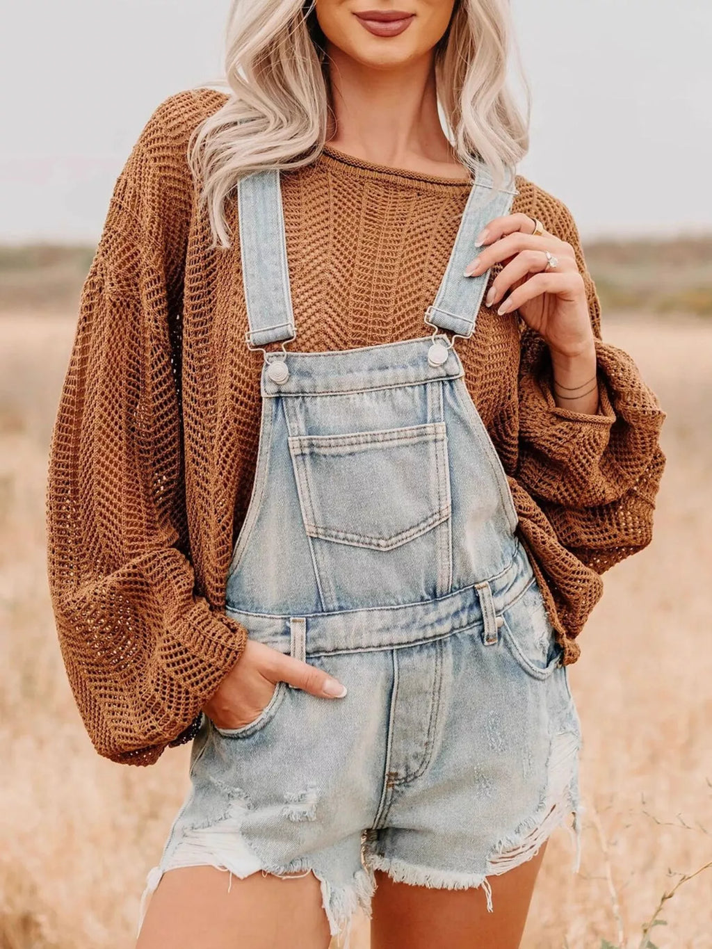 Distressed Denim Overalls Shorts