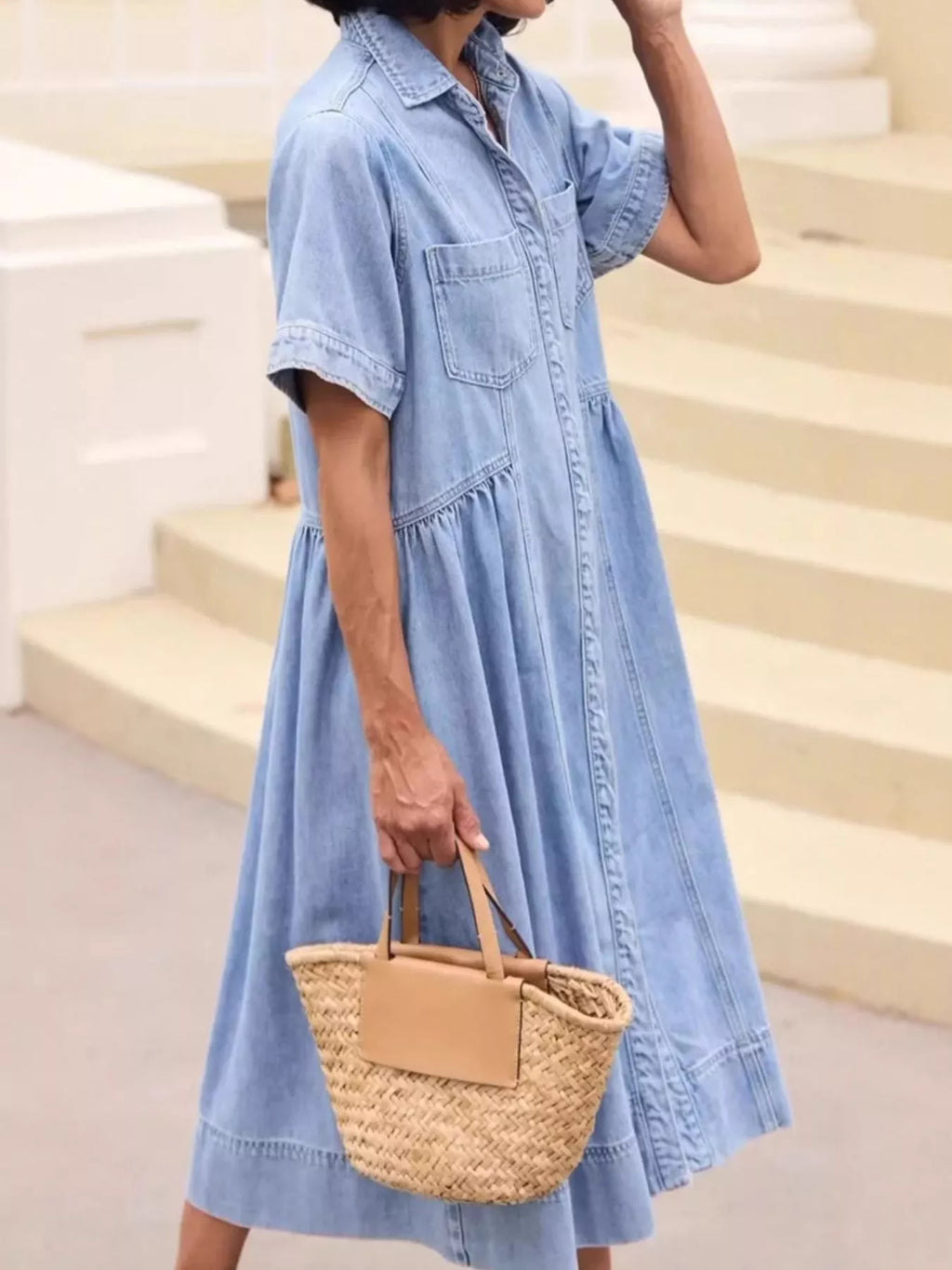 Full Size Button Front Denim Midi Dress Plus Size