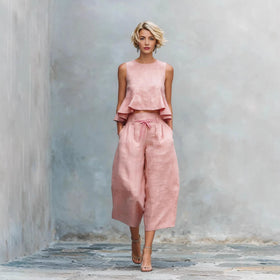 Women's Linen-Blend Sleeveless Two Piece Set with Ruffled Detailing