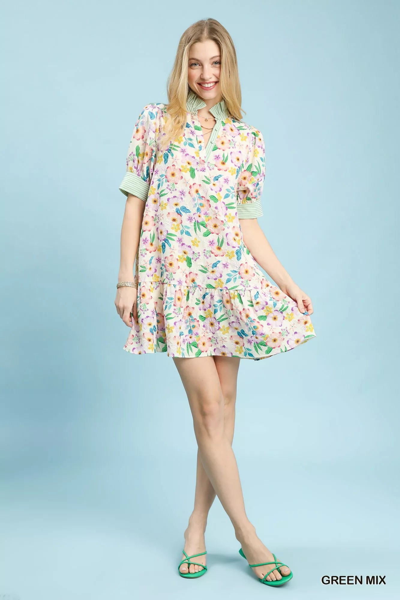Umgee Mix Floral Ruffle Collar Tiered Babydoll Dress