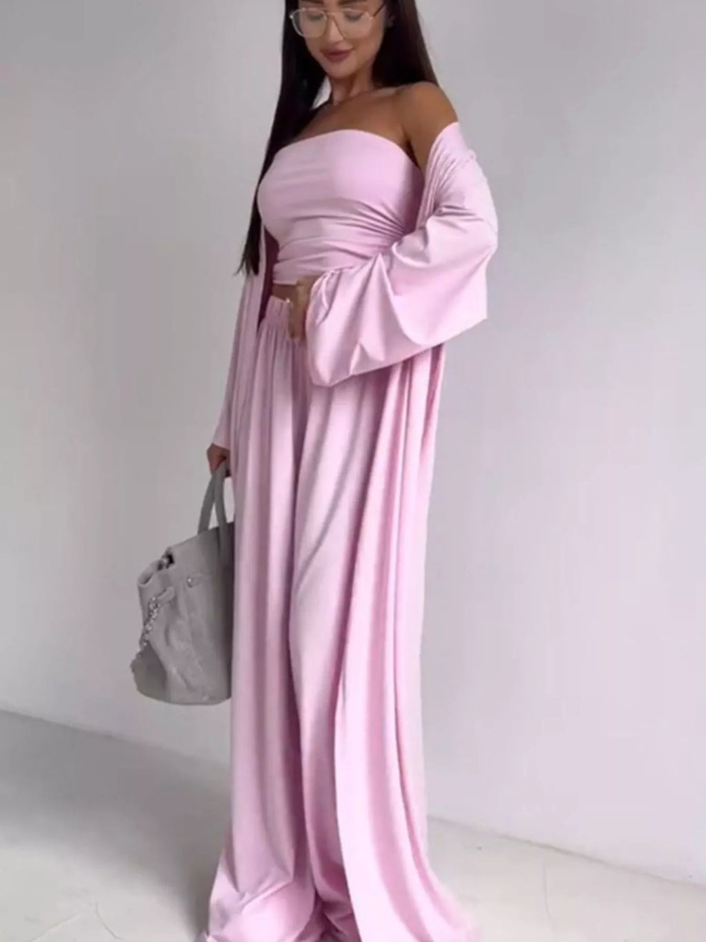Tube Top & Cardigan & Wide Leg Pants 3-Piece Set