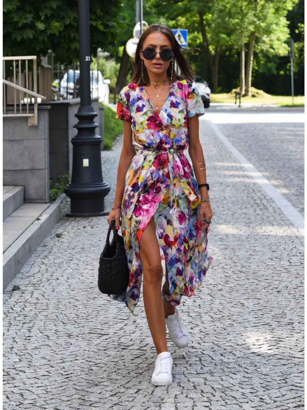 Surplice Short Sleeve Midi Dress