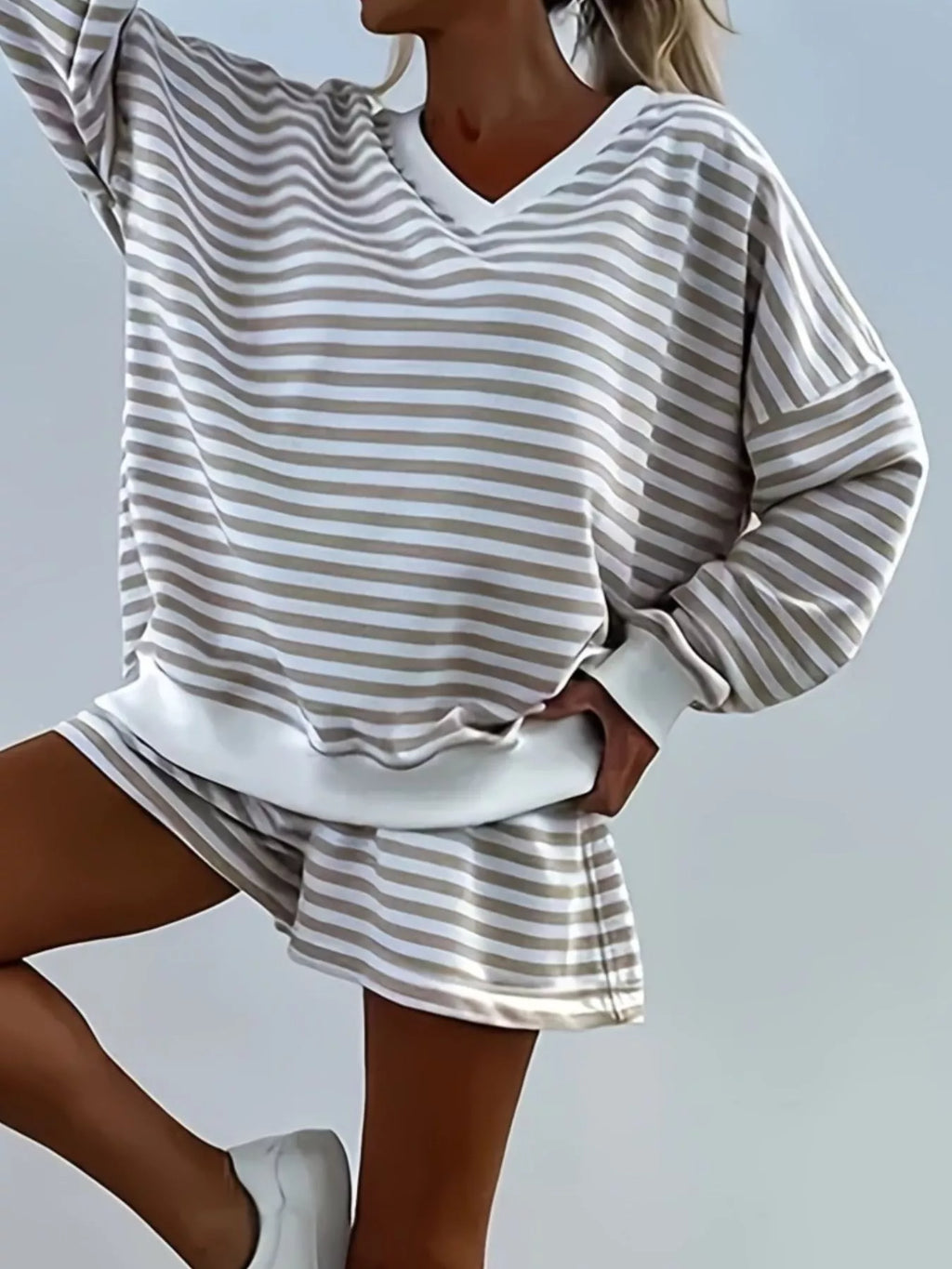 Striped V-Neck Top and Shorts Set