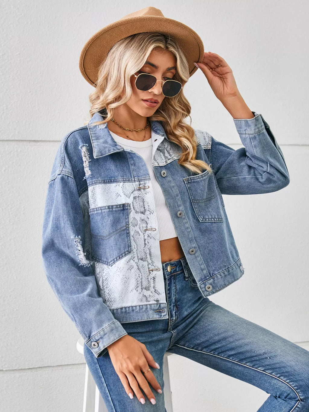 Snake Print Button Up Denim Jacket