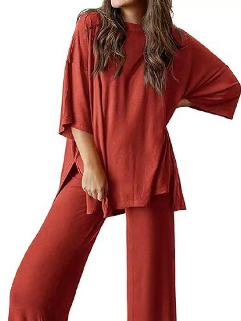 Slit Round Neck Top and Pants Set
