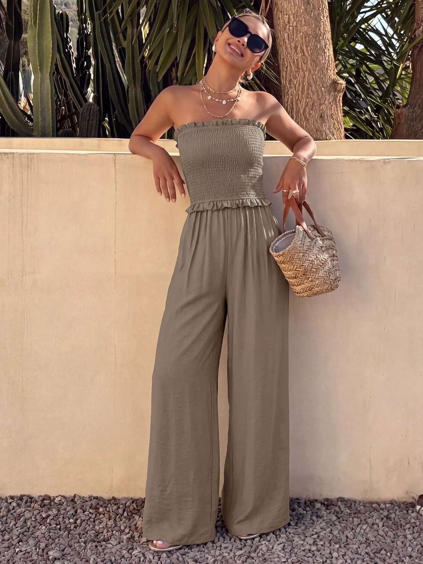 Smocked Strapless Wide Leg Jumpsuit
