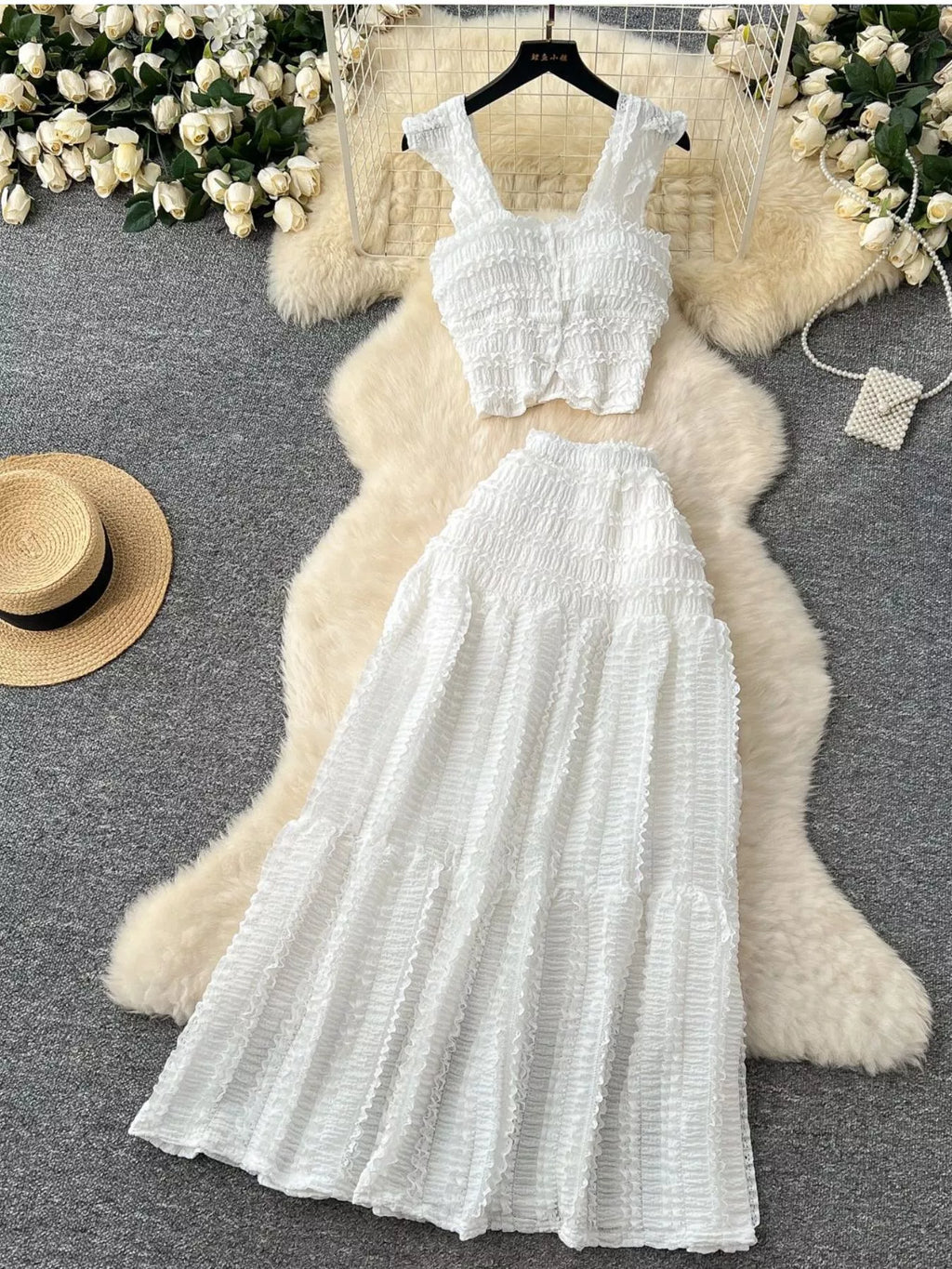 Textured Crop Top and Tiered Skirt Set