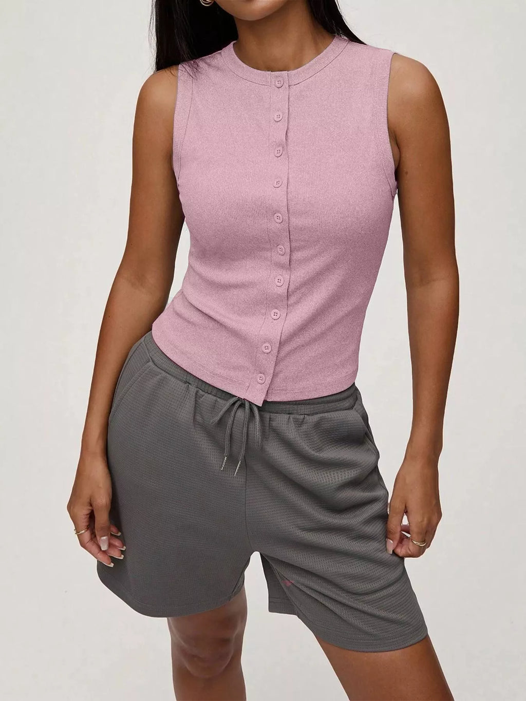 Ribbed Button-Front Sleeveless Tank