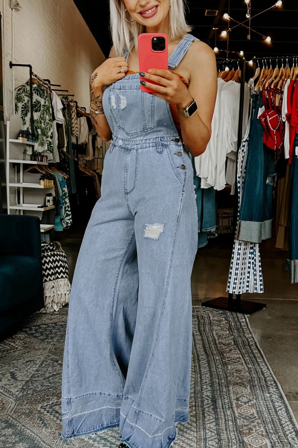 Distressed Wide Leg Denim Overalls