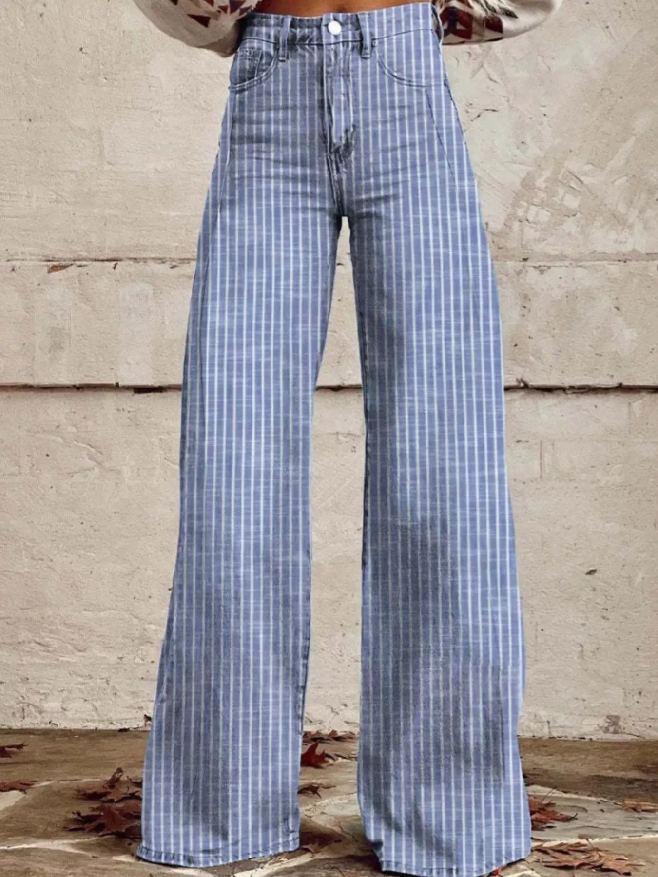 Striped High-Waisted Wide Leg Jeans