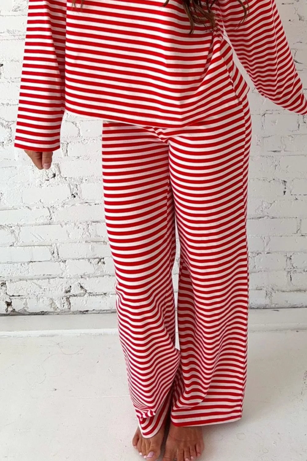 Striped Round Neck Top and Pants Set