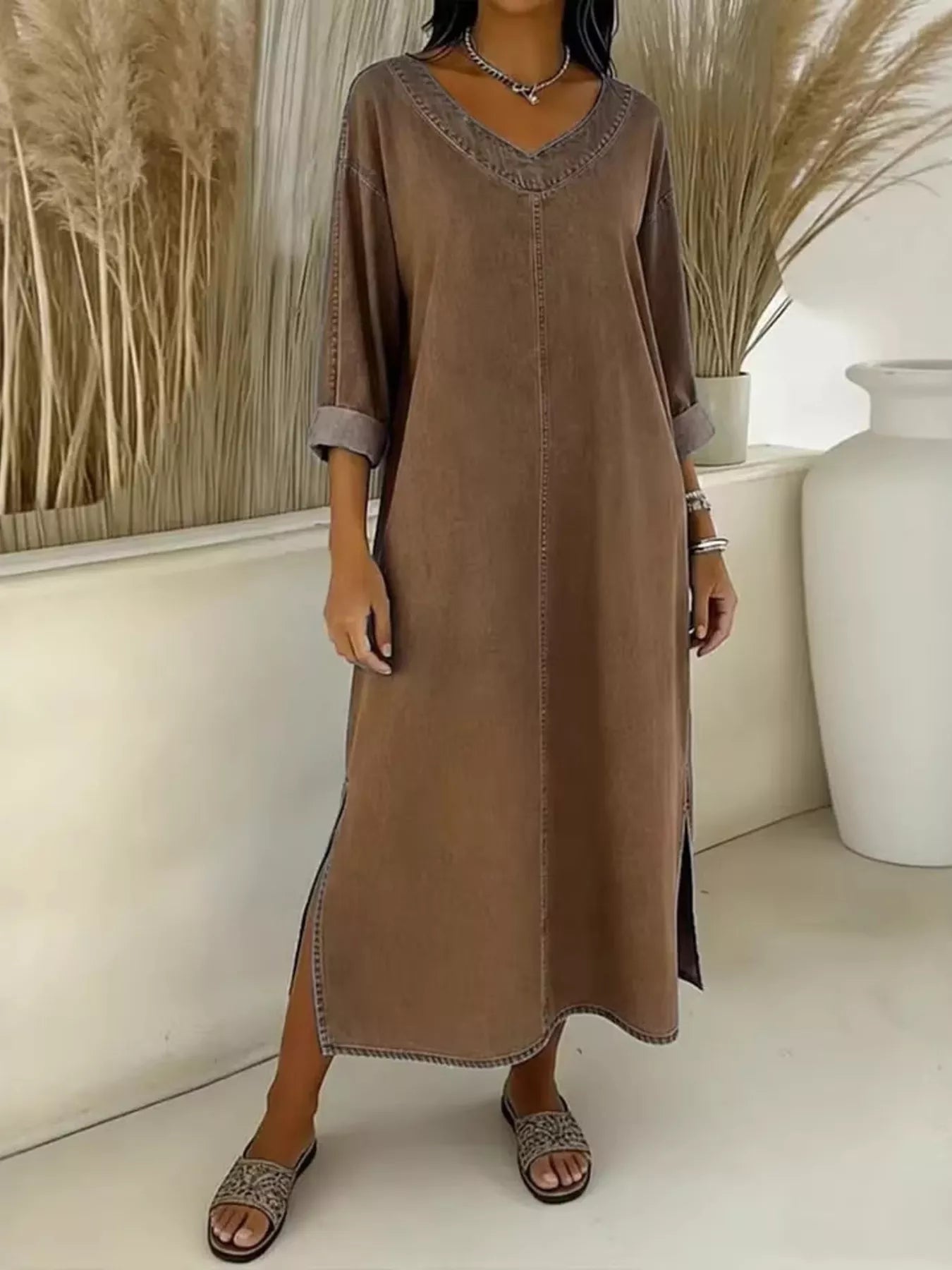 Side Slit V-Neck Midi Dress
