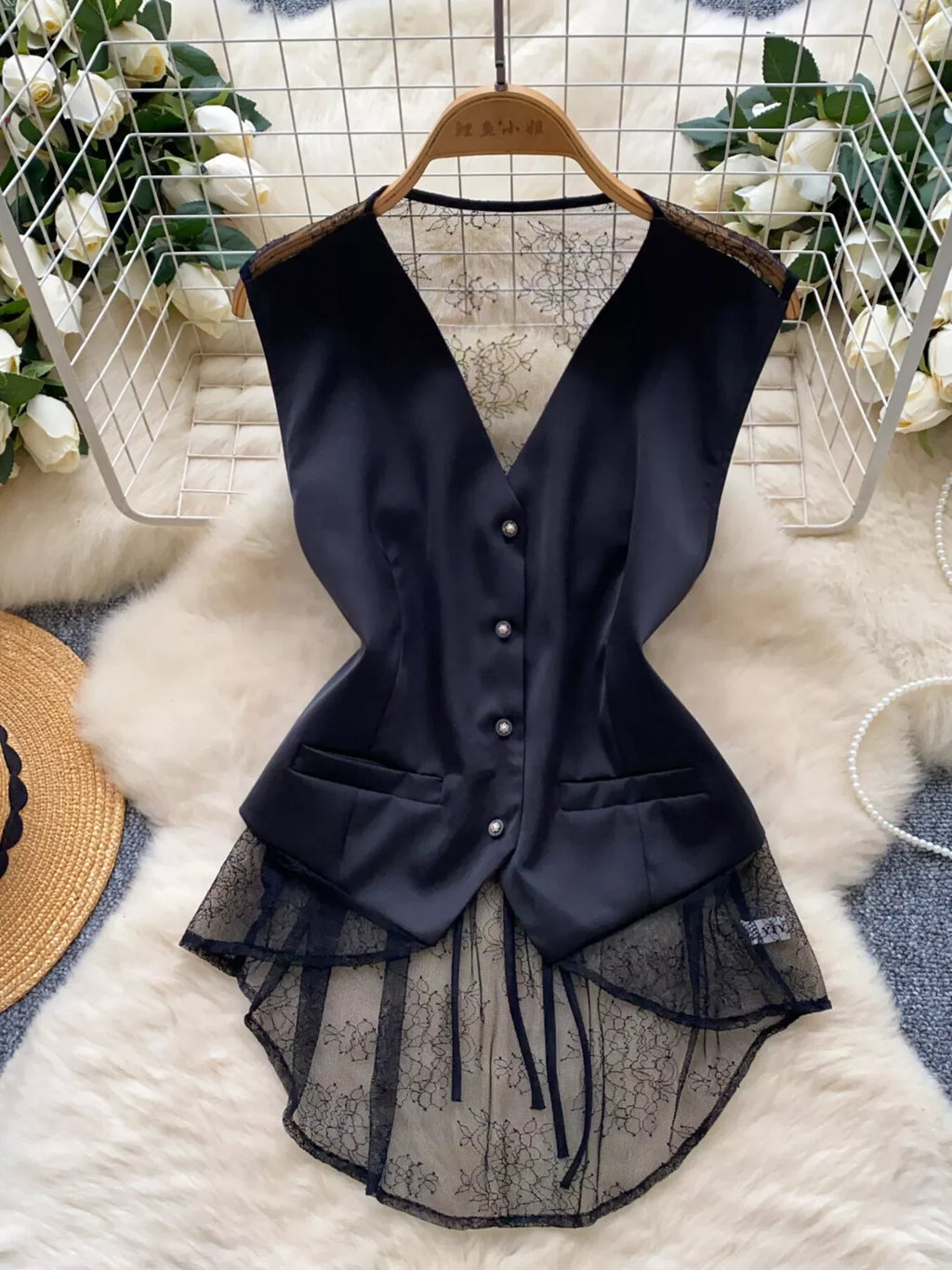 Lace Trimmed Button-Down Vest Coat