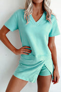 Casual V-Neck Top and Wrap Skort Set