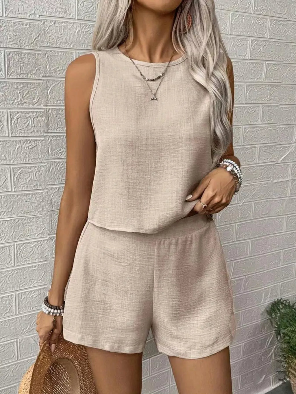 Round Neck Tank Top and Shorts Set