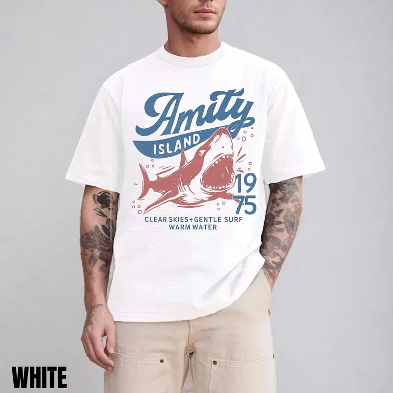Jaws Amity Island 1975 T-Shirt – Retro Movie Inspired Graphic Tee, Remastered Heavy Cotton Film Buff Top, Soft Lived-In Vintage Summer Beach Shirt, Made in USA
