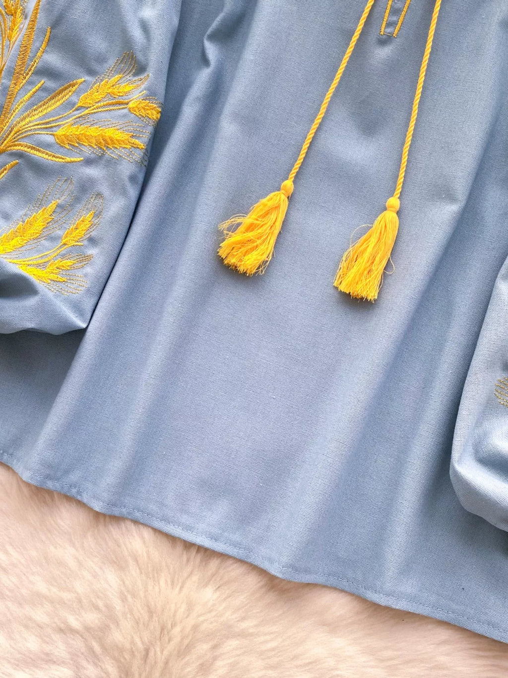 Embroidered Wheat Pattern Tie Neck Blouse
