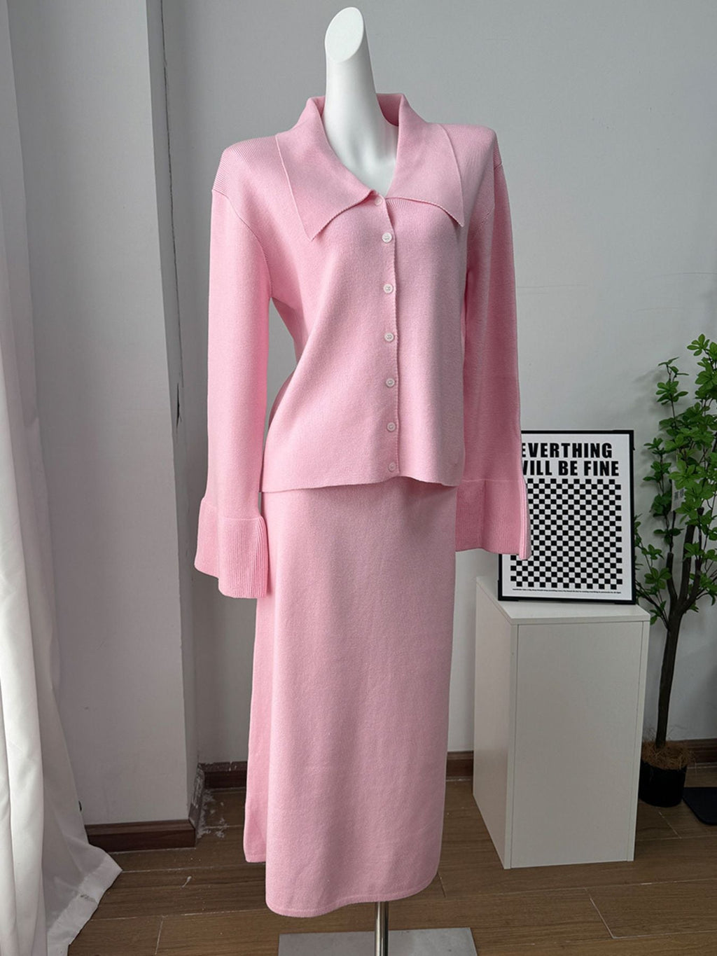 Button Down Long Sleeve Cardigan and Skirt Knit Set