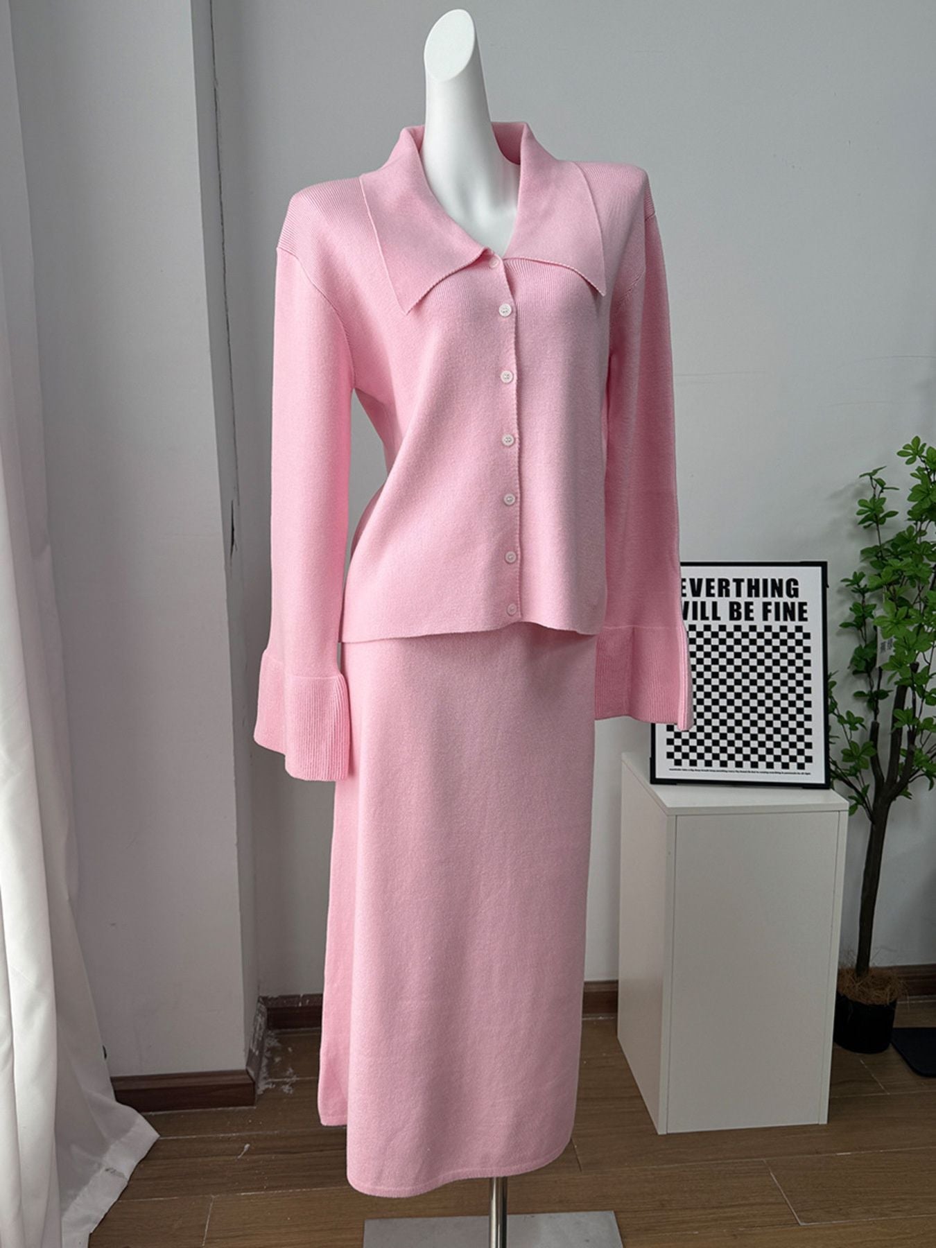 Button Down Long Sleeve Cardigan and Skirt Knit Set
