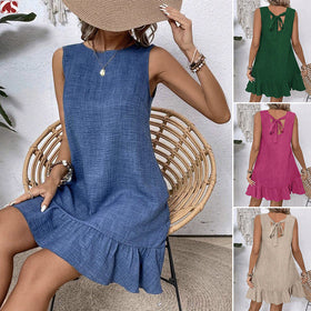 Women's Ruffle Lace-Up Mini Dress – Short Sleeve Loose Beach Dress
