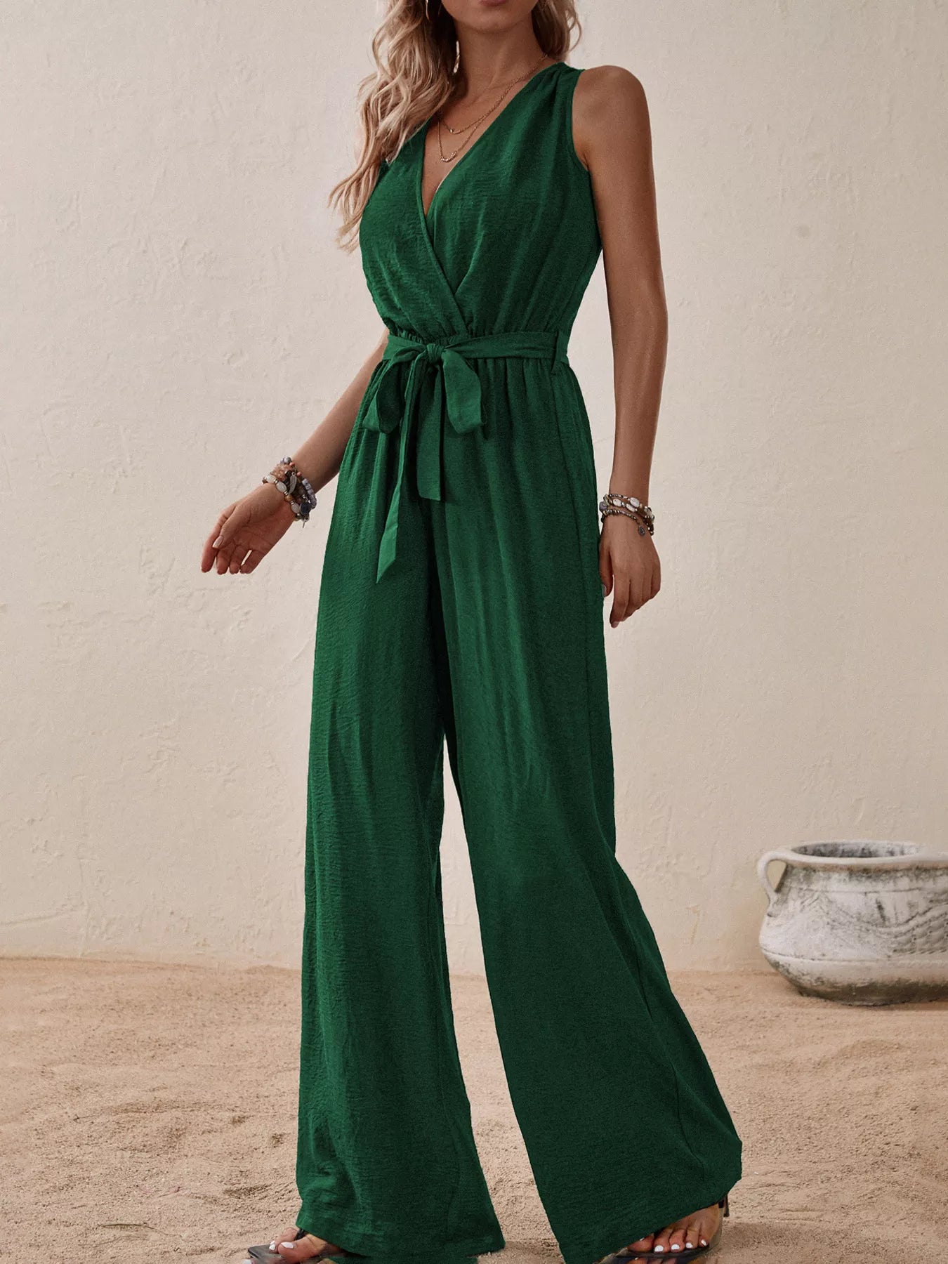 Sleeveless Tie Waist Wide Leg Jumpsuit