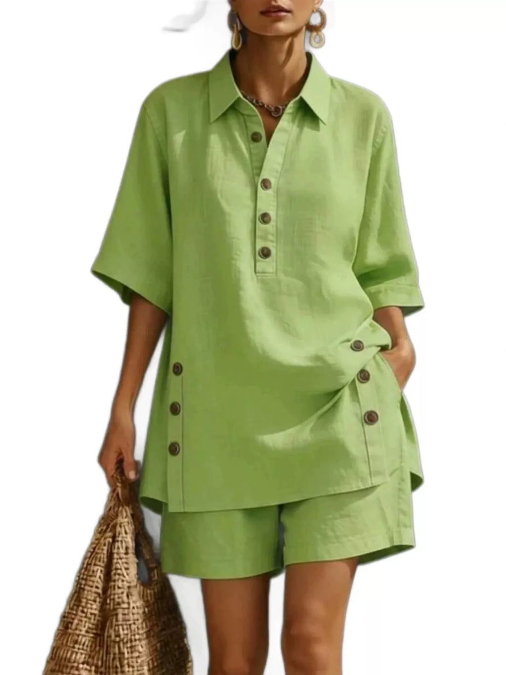Full Size Casual Linen Button-Down Shirt & Shorts Set Plus Size
