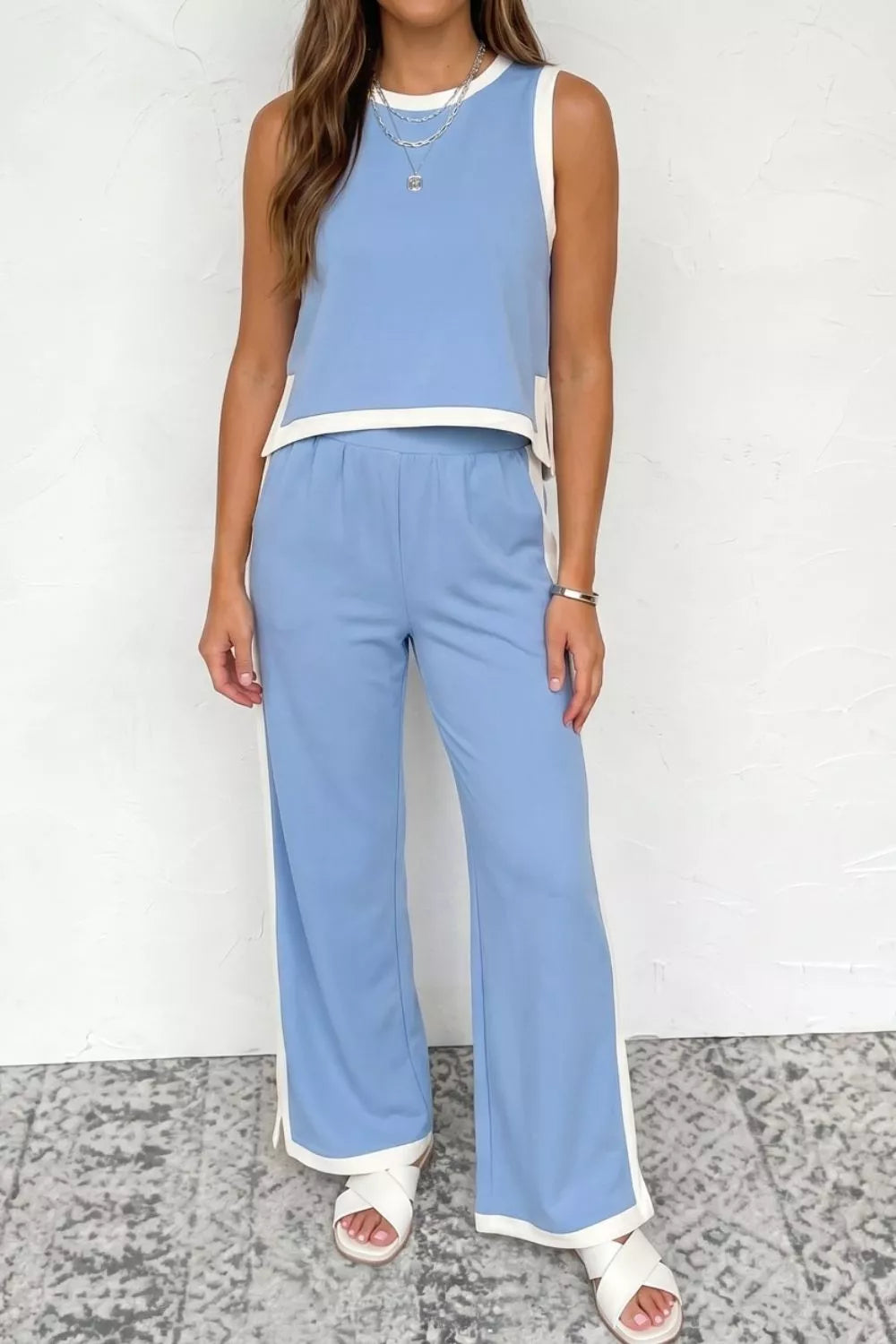 Colorblock Trim Cropped Tank Elastic Waist Shift Pants 2pcs Set