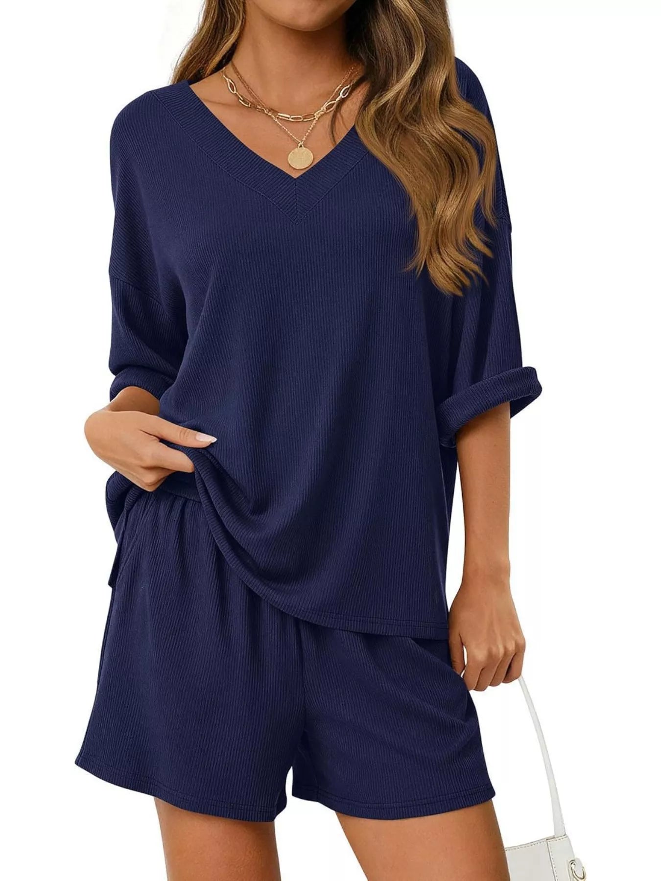 Casual Solid Color V-Neck Top & Shorts Set