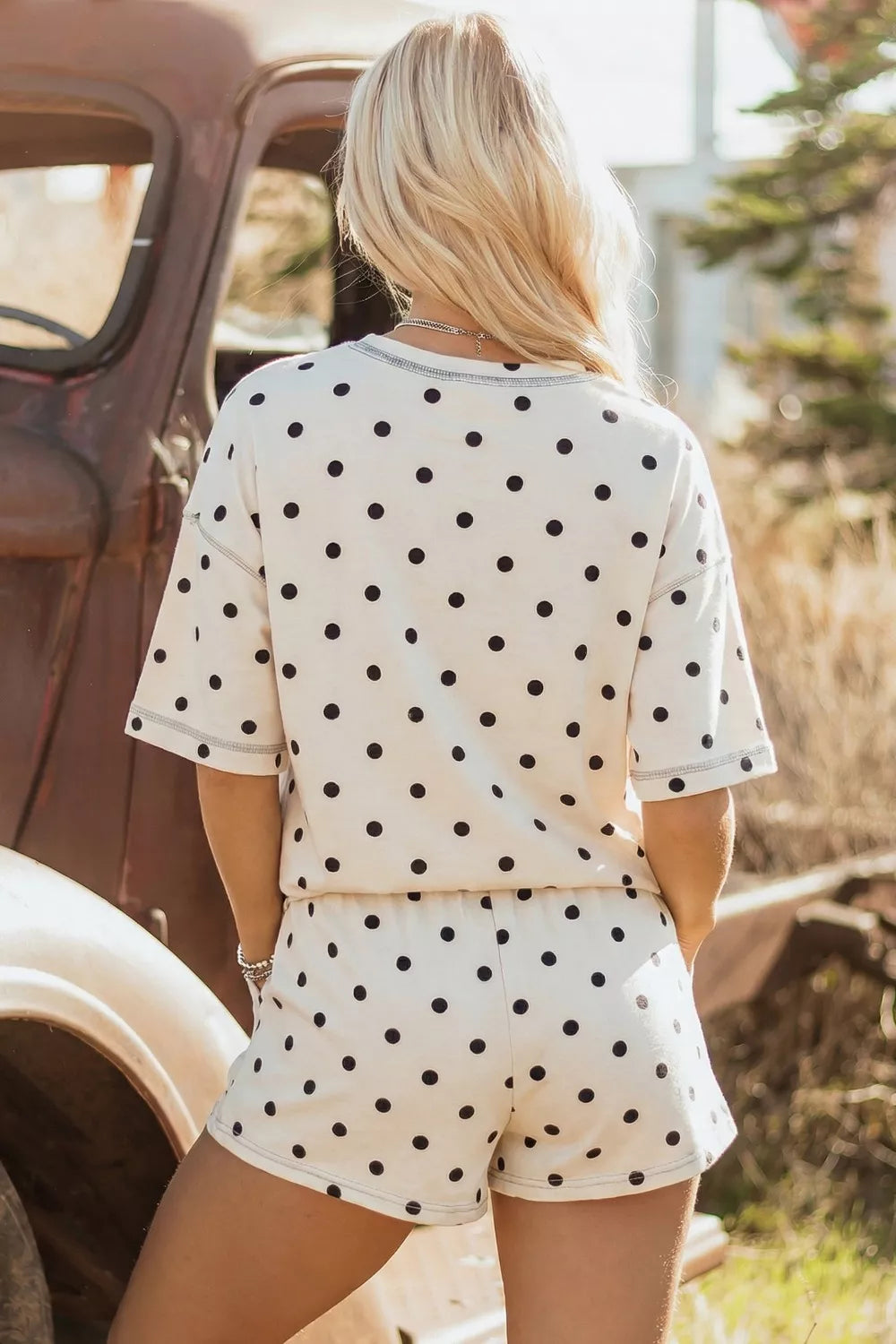 Exposed Seam Detail Polka Dot Loose Tee Drawstring Shorts Set