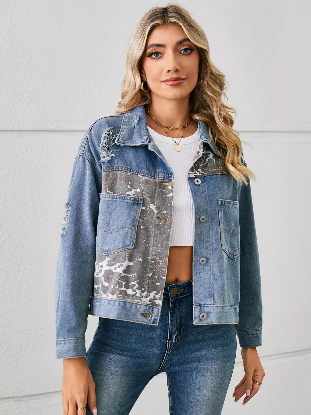 Snake Print Button Up Denim Jacket