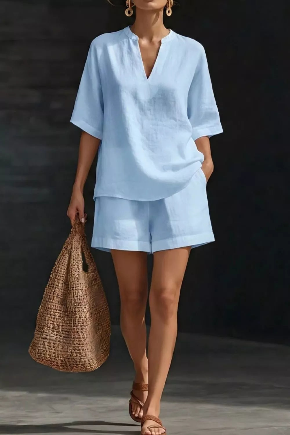 Notched Half Sleeve Top and Shorts Set