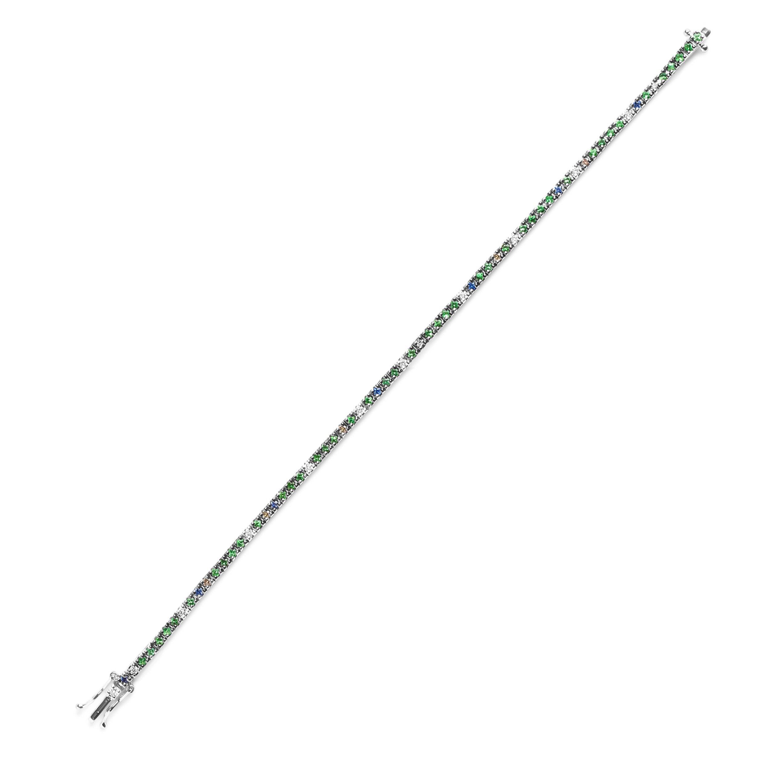 18K White Gold 3/8 Cttw Diamond with Blue Sapphire and Green Tsavorite Gemstone Multi-Colored Tennis Bracelet (Brown and G-H Color, SI1-SI2 Clarity) - Size 7"