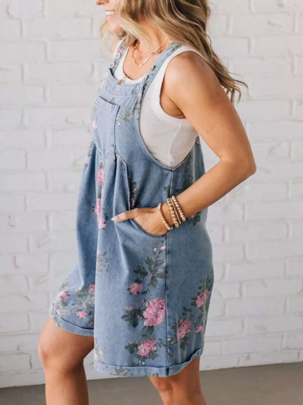 Floral Print Denim Overalls